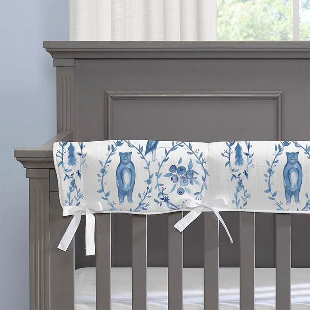 Liz and Roo Blue-Beary Toile Crib Rail Cover with White Fabric Ties