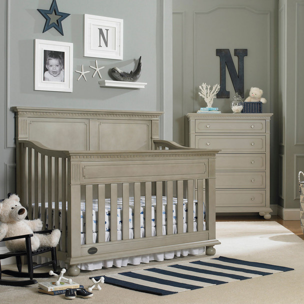 Dolce Babi Naples 2 Piece Full Panel Nursery Set - Crib, 5 Drawer Dresser in Grey Satin