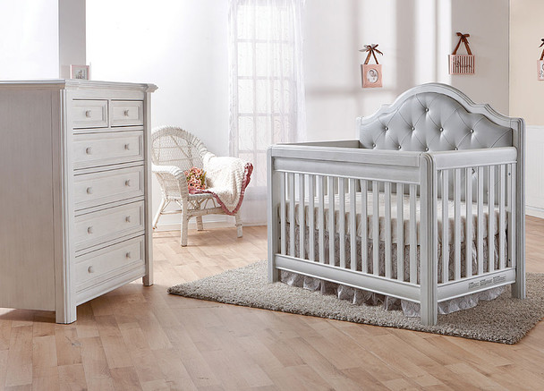 Pali Cristallo 2 Piece Nursery Set in Vintage White with Grey Leather Panel - Crib, 5 Drawer Dresser