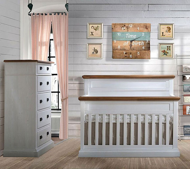Natart Cortina 2 Piece Nursery Set in White Chalet/Cognac-Crib and 5 Drawer Dresser