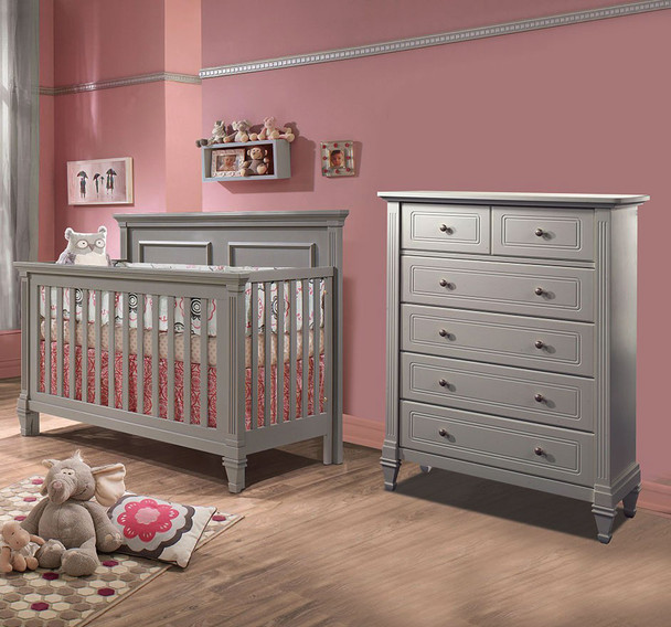 Natart Belmont 2 Piece Nursery Set in Elephant Grey-Crib and 5 Drawer Dresser