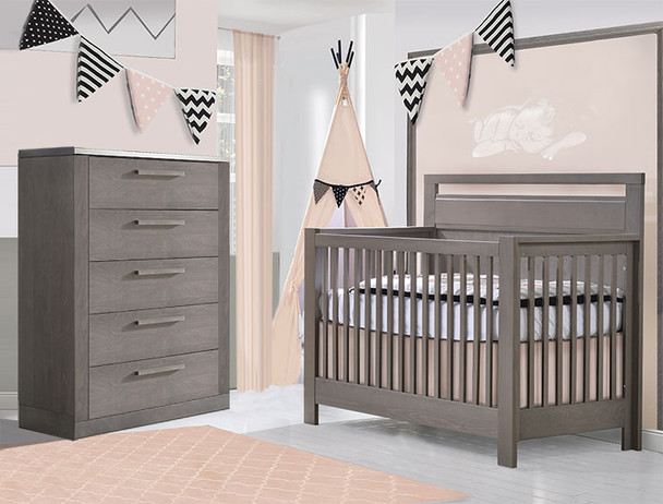 NEST Milano Collection 2 Piece Nursery Set Crib and 5 Drawer Dresser in Grigio