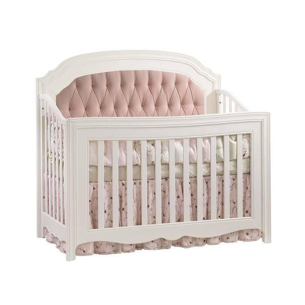 Natart Allegra Convertible Crib in French White with Blush Tufted Panel