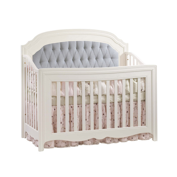 Natart Allegra Convertible Crib in French White with Grey Linen Tufted Panel