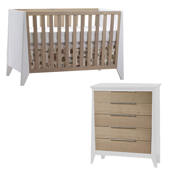 Natart Flexx 2 Piece Nursery Set - Classic Crib and 5 Drawer Dresser in White/ Natural