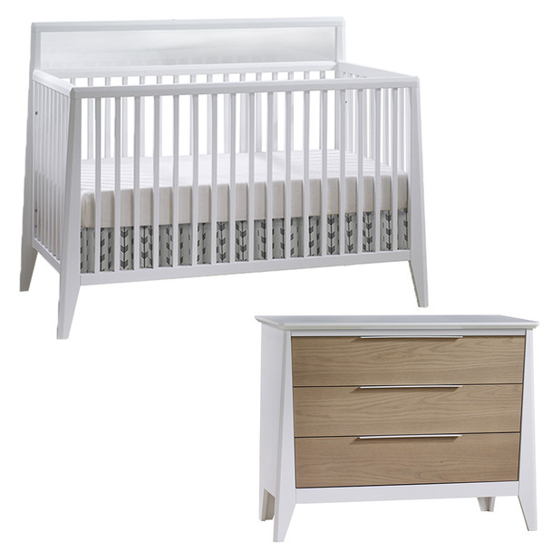 Natart Flexx 2 Piece Nursery Set - Convertible Crib in White and 3 Drawer Dresser in White/ Natural