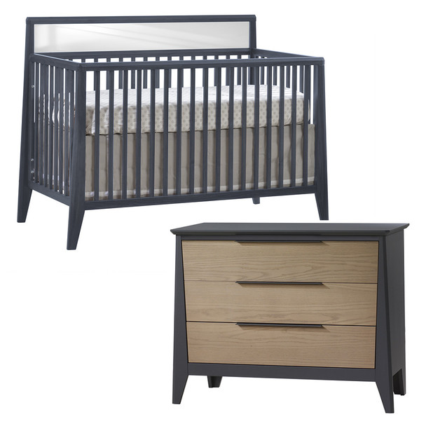 Natart Flexx 2 Piece Nursery Set - Convertible Crib in Graphite and 3 Drawer Dresser in Graphite/Natural