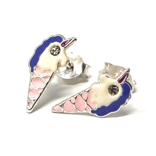 unicorns little girls ear studs in silver, ladies ice cream accessories