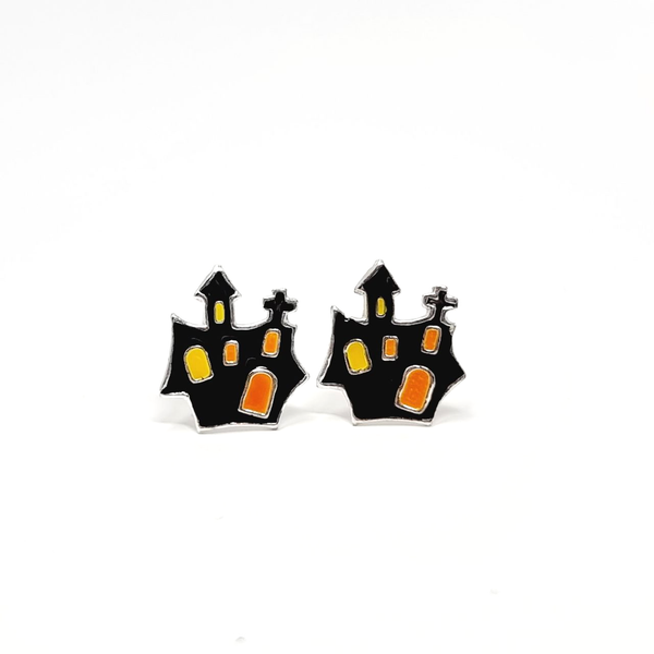 halloween ear studs a haunted house large, 925 sterling silver. Ladies halloween accessories fashion dress up.