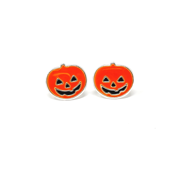 pumpkin halloween accessories for men women and children, 925 sterling silver jewellery, ear studs in bold spooky pumpkin designs