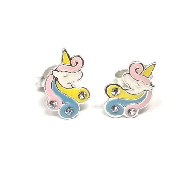 unicorn ear studs in pink yellow and blue with crystal