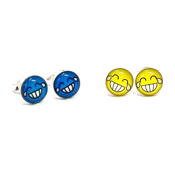 emoji ear studs 925 blue and yellow laughing emoji, joyful colourful earrings for kids