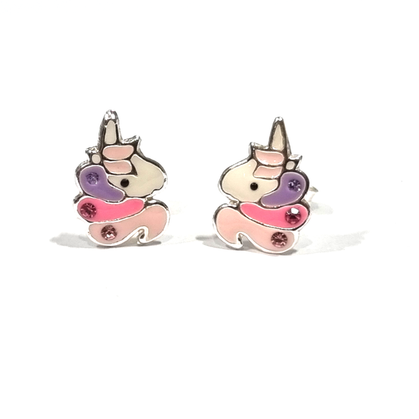 925 sterling silver earrings with colourful cubic zirconia diamonds ppaced within the hair, perfect ear studs for children, niece, daughter, young kids that love and adore unicorns. Magical and mystical jewellery