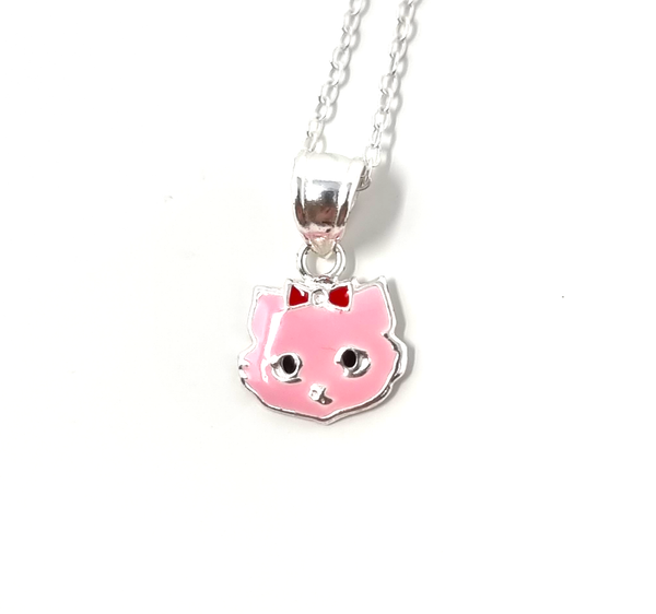 Pink cat head pendant on a delicate silver chain, perfect for children's jewellery.