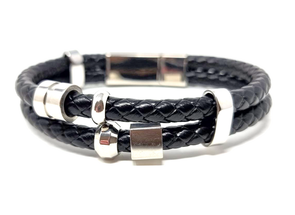 Inspirit Leather & Stainless Steel Bracelet: A stylish men's leather bracelet with double rope design, stainless steel charms, and magnetic clasp. Made by a small business in Thanet.