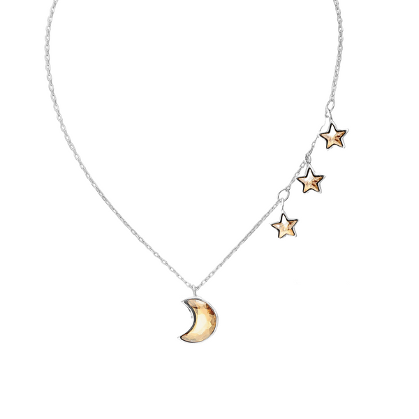 Moon and star necklace for women in swarovski crystal elements in a golden shadow shade
