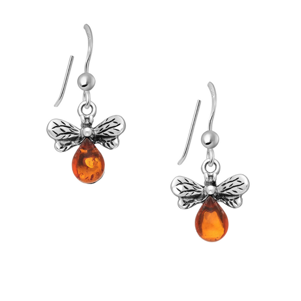 Stylish baltic amber orange earrings featuring a charming bee design, perfect for adding a touch of nature-inspired elegance to any outfit. Ladies unique bee jewellery acessories.