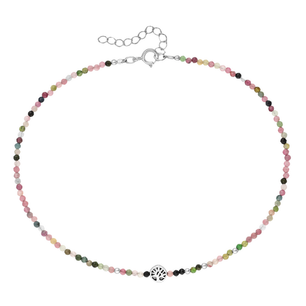 Sterling silver anklet with oxidized Tree of Life charm, adorned with colourful gemstone beads.
