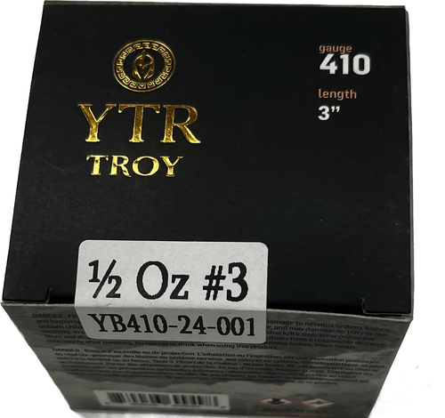 Troy Ammunition, 3" .410, 1/2 OZ, #3 Lead Shot, 1150 FPS. Box of 25rnds.