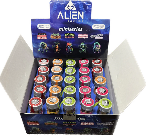 Alien Exotics - THCA Miniseries 2.5g Five ASSORTED FLAVOR Pre-Rolls Display of 25 Jars