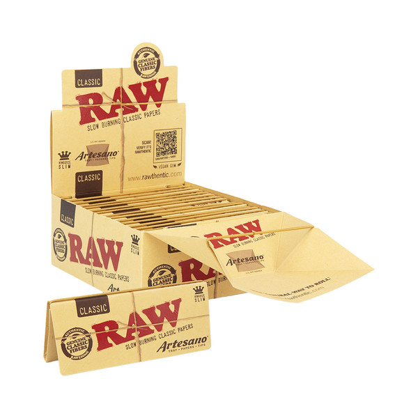 Raw Classic Artesano King Size Slim 32CT Rolling Papers + Tips Display Of 15