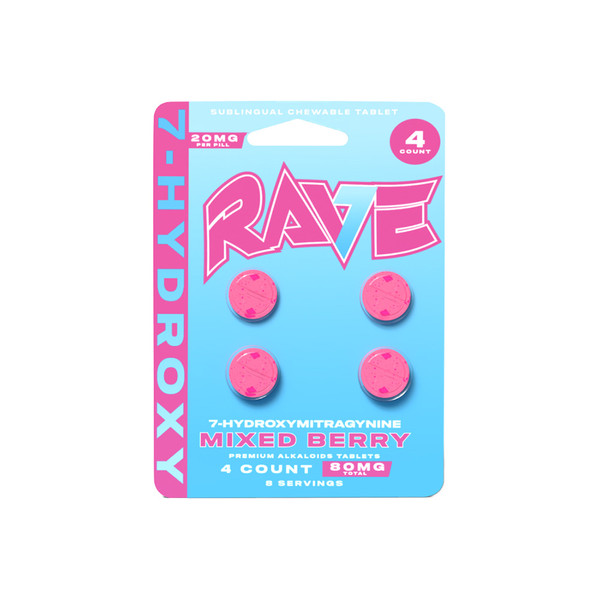 Rave 7 Hydroxymitragynine Premium Alkaloids Chewable Mixed Berry  4CT Tablets (20MG)