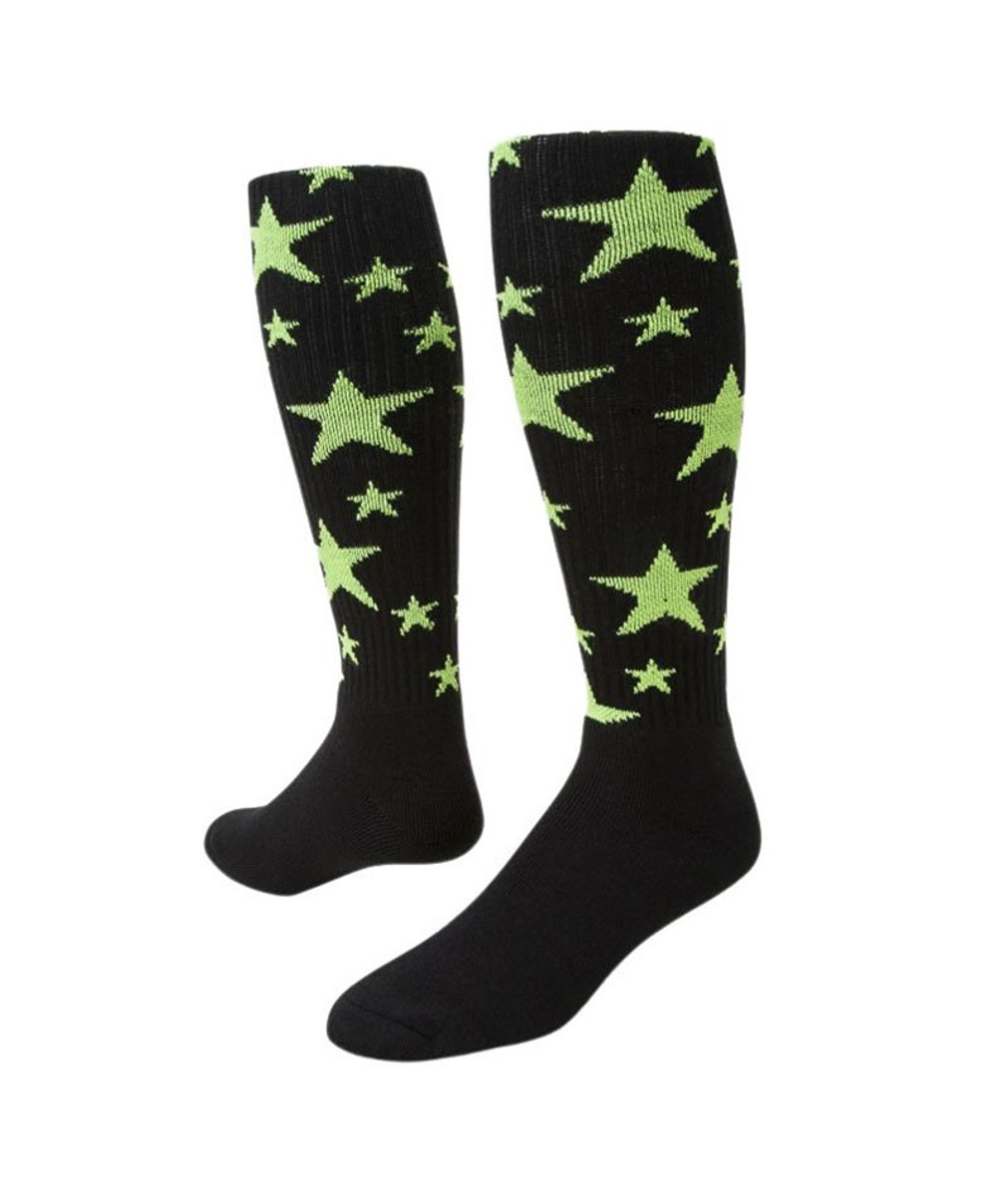 Stars Knee High Sports Socks - Black Neon Green