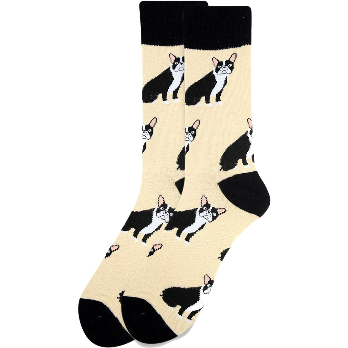 Women's Sitting French Bulldog Dog Pattern Crew Novelty Socks - Beige