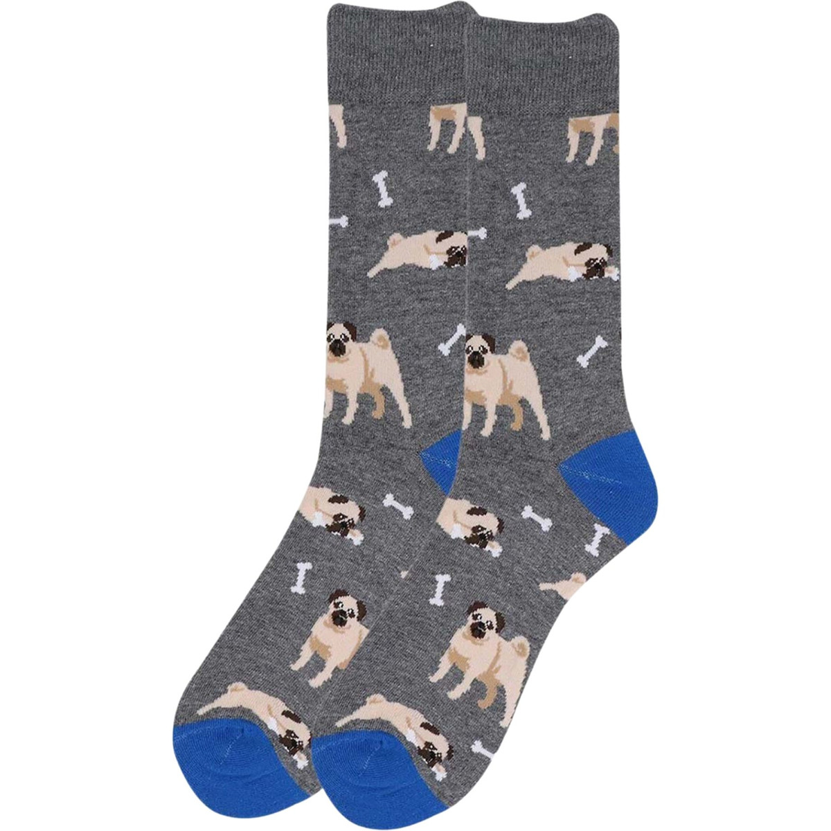 Men's Playful Pug Dogs Bones Pattern Crew Novelty Socks - Blue