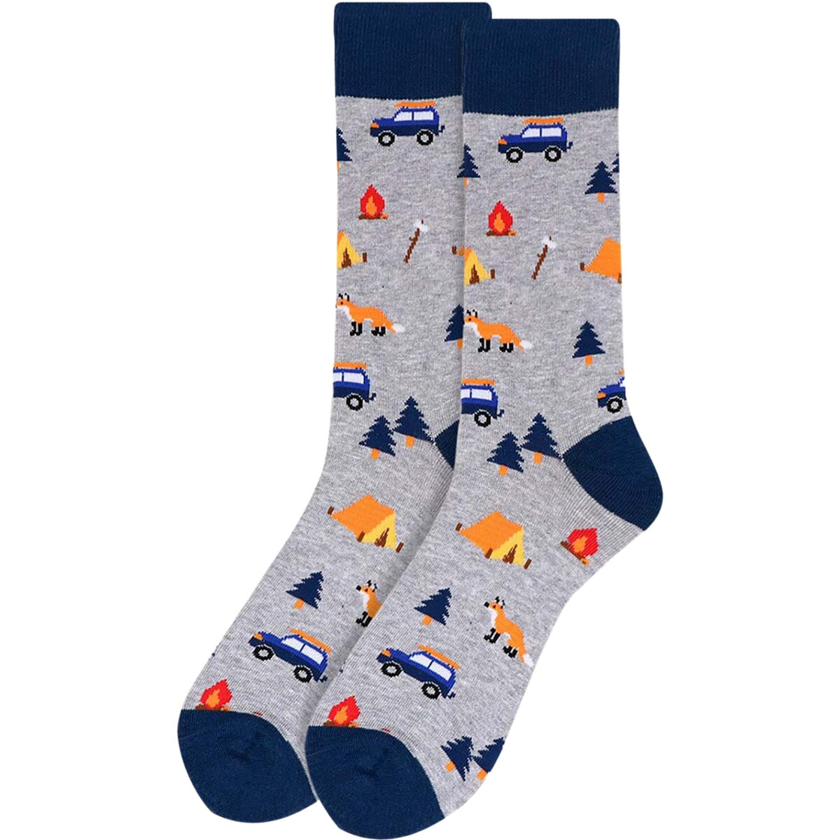 Men's Camping Axe Trees Fox Camper Car Bonfire Tent Pattern Crew Novelty Socks - Gray