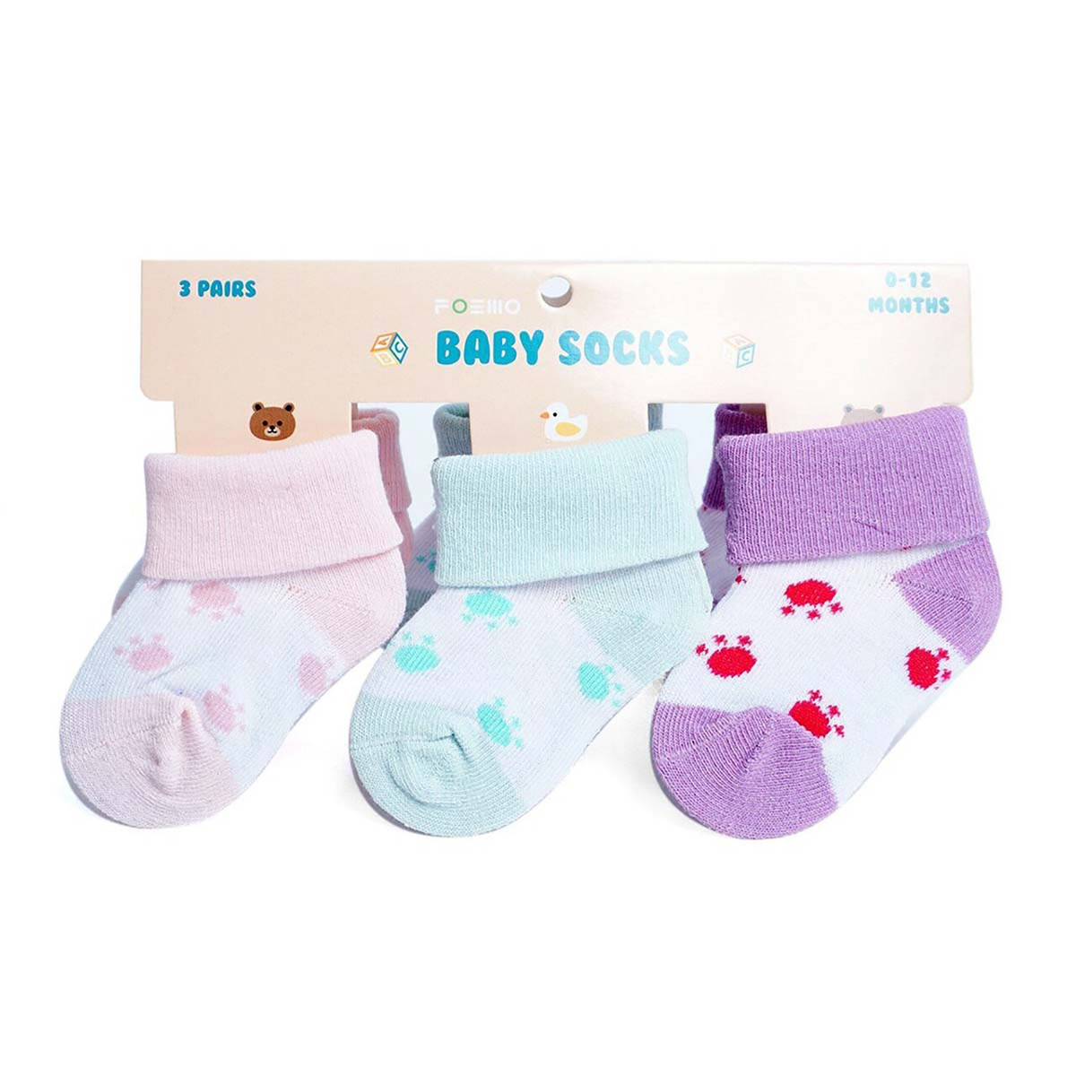 3 Pair Pack Babies' Paw Print Pattern Novelty Socks - Multicolor