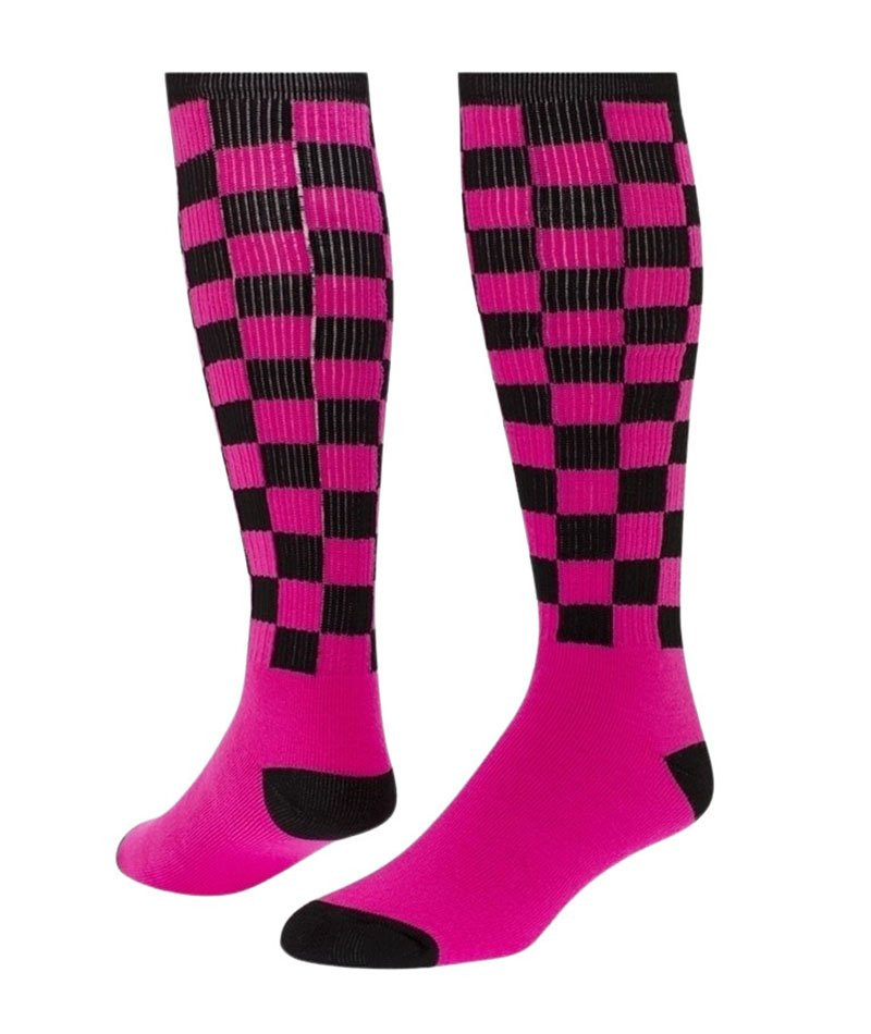 Checkerboard Knee High Sports Socks - Black & Neon Pink