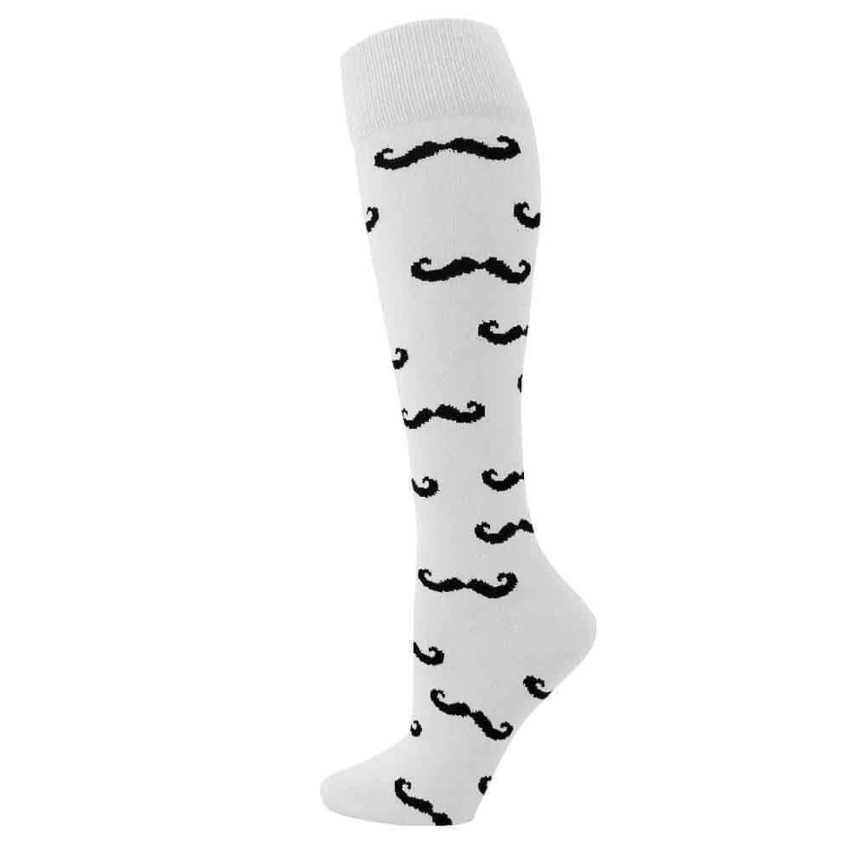 Mustache Knee High Sports Socks - White Black - Medium
