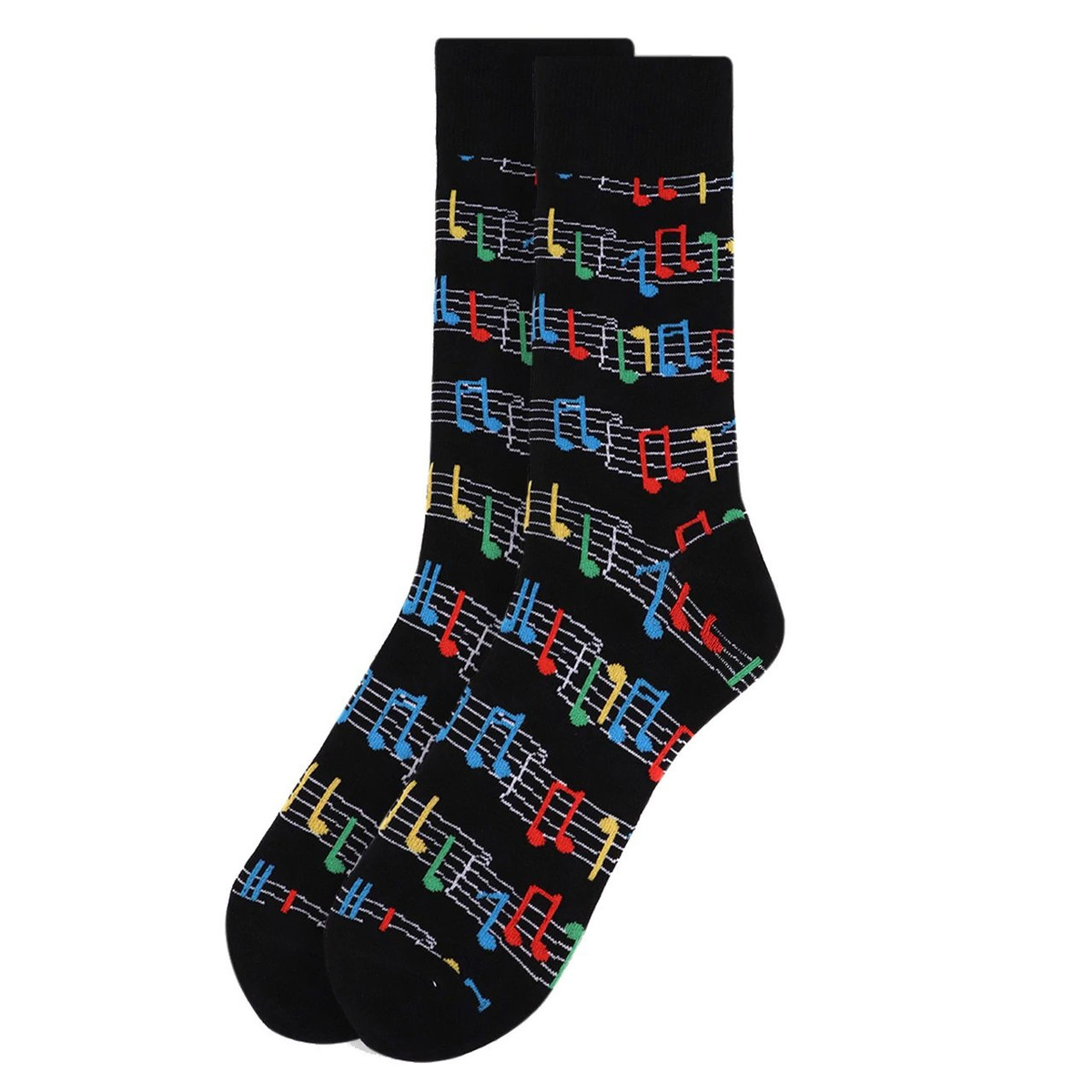 Pair of Men's Colorful Music Sheet Crew Novelty Socks - Black