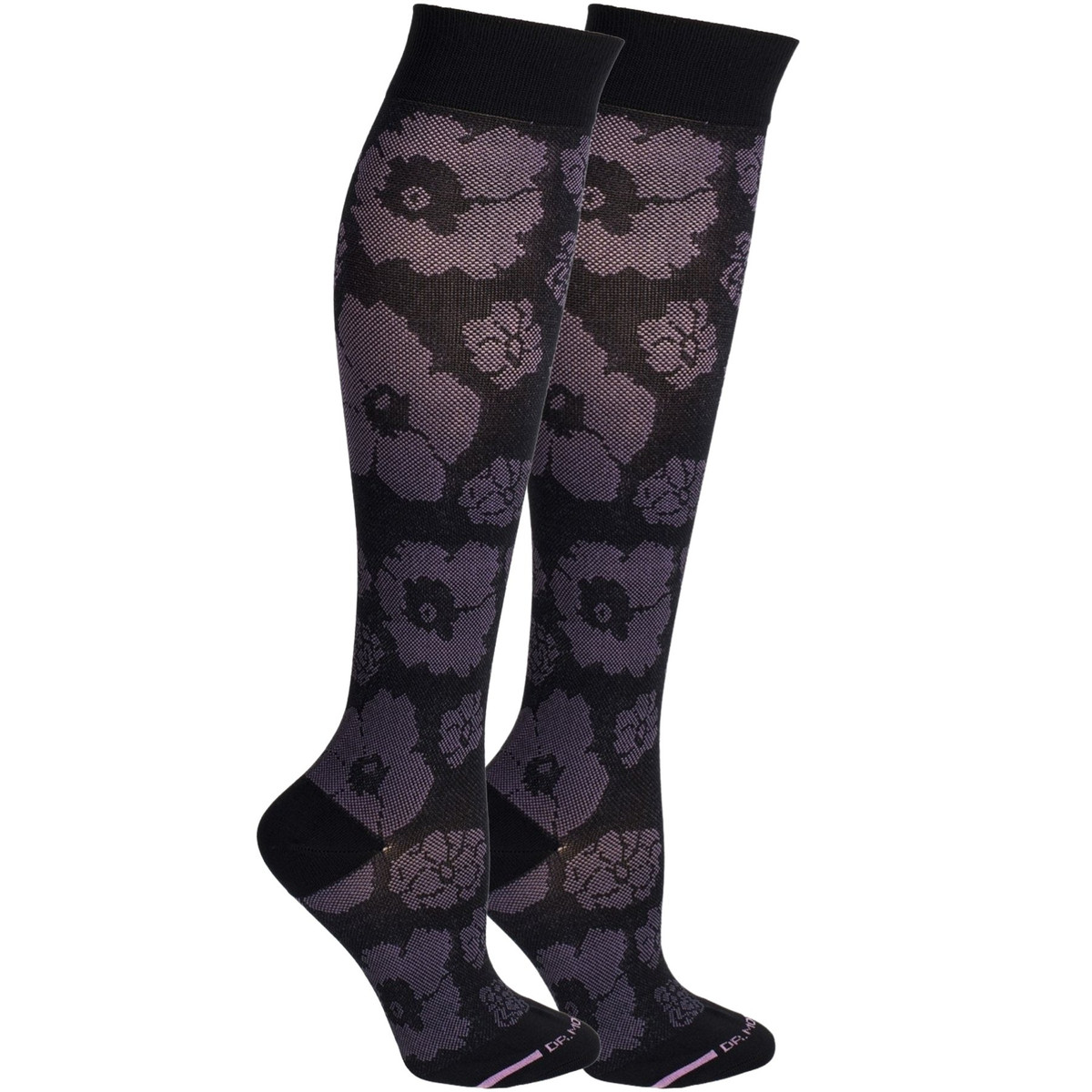 Merimekko Flower Designed Microfiber Nylon Anti-Microbial Anti-Odor Knee-High Compression Socks - Black