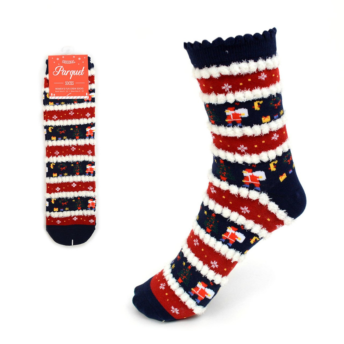 Women's Santa Christmas Tree Fuzzy Pattern Crew Novelty Socks - Navy Blue Red