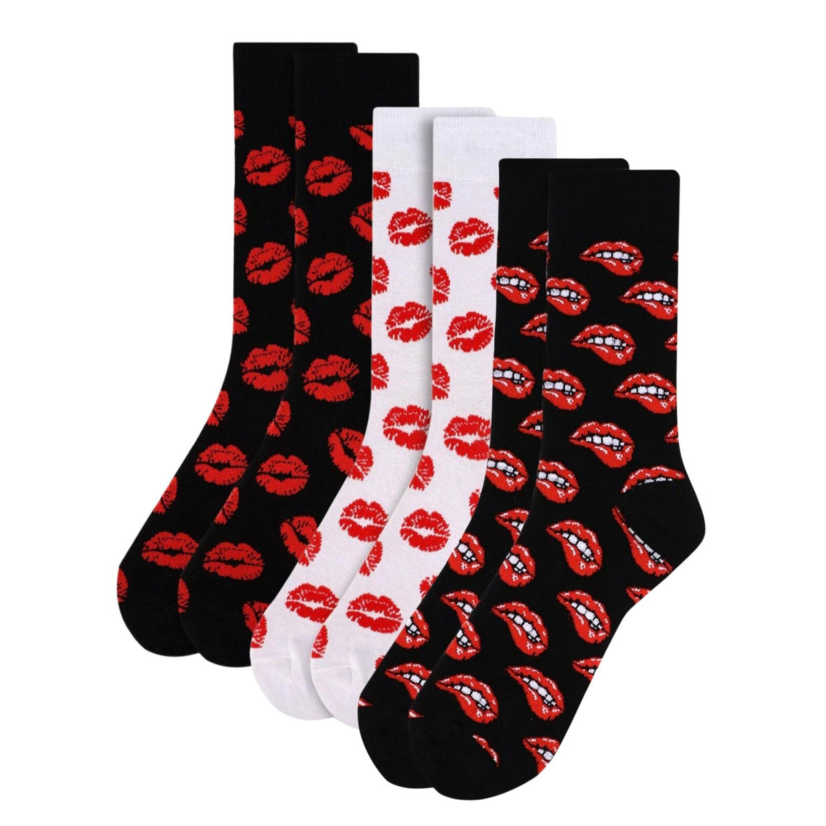 3 Pairs of Men's Valentine's Day Sexy Lips Bite Novelty Crew Socks Pack - White/Black