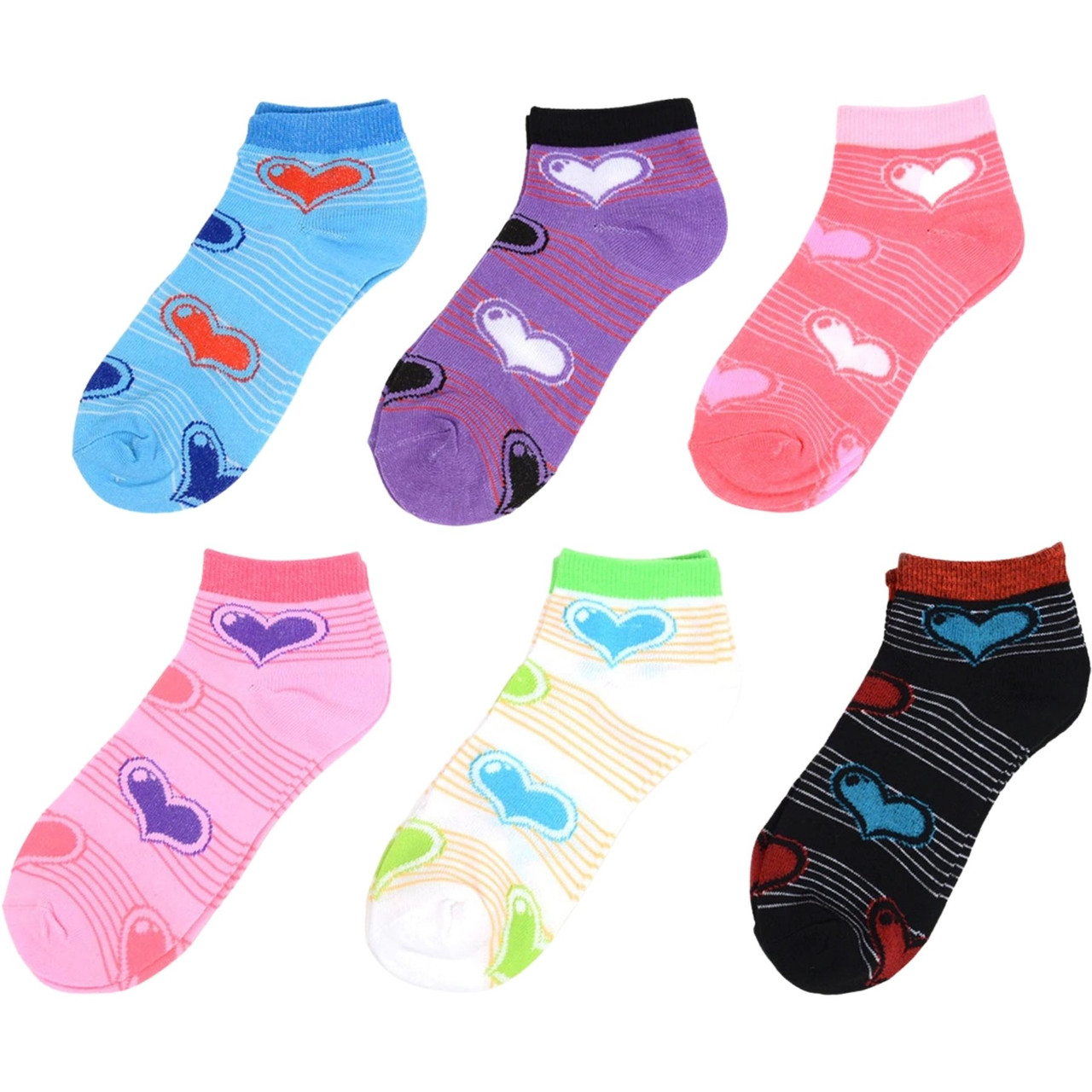 6 Pairs of Women's Colorful Hearts and Stripes Ankle Socks Multicolor