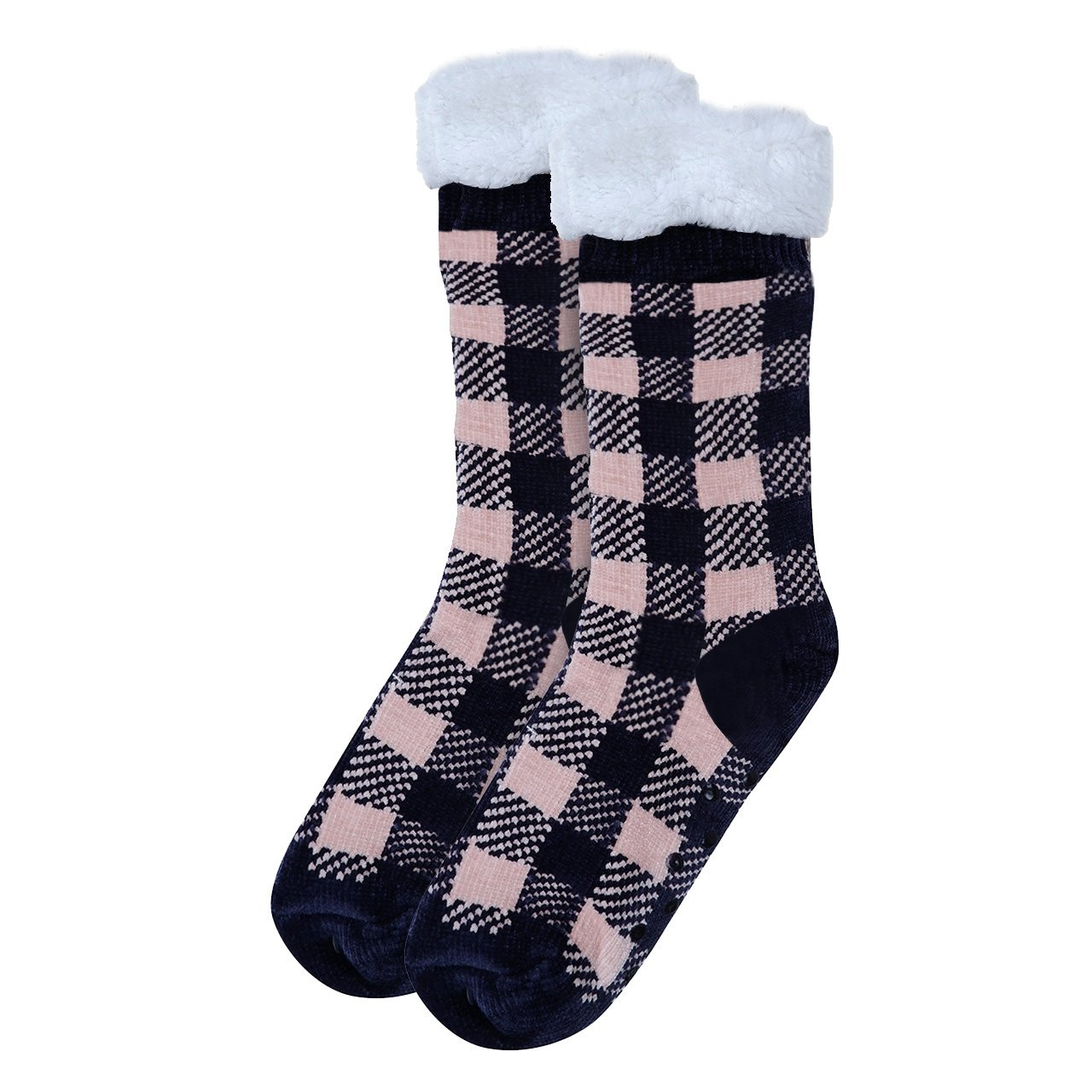 Women's Plaid Pattern Fuzzy Plush Sherpa Slipper Socks - Navy Pink