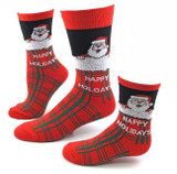 Pair of Women's Christmas Happy Holidays Santa Plaid Pattern Novelty Crew Socks - Red/Black/Green