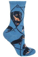 Black Dachshund Crew Novelty Socks - Blue