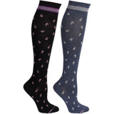 Tonal Ditsy Daisy Floral Designed Cotton Blend Anti-Microbial Anti-Odor Knee-High Compression Socks - Denim Heather