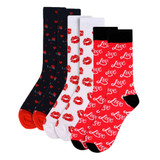 3 Pairs of Men's Valentine's Day Lips Love Heart Novelty Crew Socks Pack - Black/White/Red