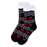 3 Pairs of Women's Valentine's Day Sparkly Hearts and Patterns Plush Sherpa Slipper Novelty Crew Socks Pack - Red/White/Black