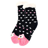 3 Pairs of Women's Valentine's Day Sparkly Hearts Owl Plush Sherpa Slipper Novelty Crew Socks Pack - Hot Pink/Red/Black