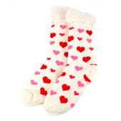 Pair of Women's Valentine's Day Hearts Plush Sherpa Slipper Novelty Crew Socks - White