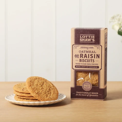 Lottie Shaw's Oatmeal and Raisin Biscuits - crisp oatmeal biscuits with raisins and cinnamon, 180g