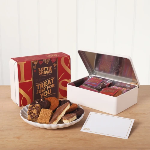 Lottie Shaw's Treat Just for You Treat Tin - illustrated tin filled with Yorkshire biscuits, flapjacks and shortbread