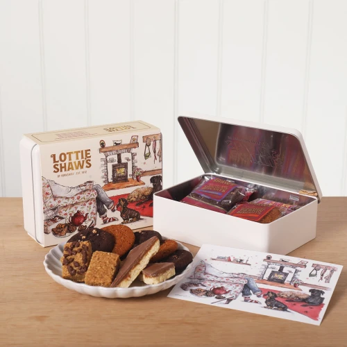 Lottie Shaw's Dog Walker Treat Tin - illustrated tin filled with Yorkshire biscuits, flapjacks and shortbread