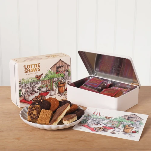 Lottie Shaw's Gardener Treat Tin - illustrated tin filled with Yorkshire biscuits, flapjacks and shortbread
